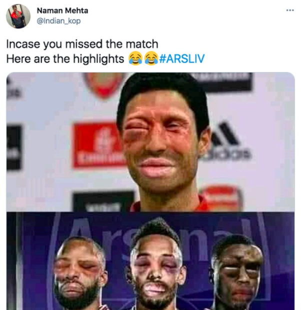 Meme kocak Arsenal menampilkan muka bonyok usai dibantai Liverpool. (Foto: Twitter)