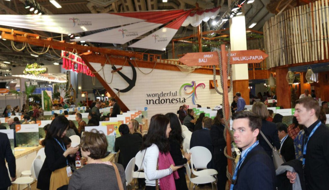 JUARA: Booth Wonderful Indomesia yang selalu ramai dikunjungi pengunjung pameran ITB Berlin.