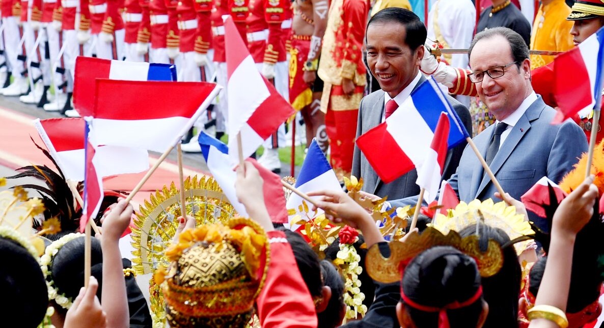 Penyambutan Presiden Prancis François Hollande  di Istana Negara, Jakarta, Rabu (29/3). Foto: (Biro Pers Setpers)