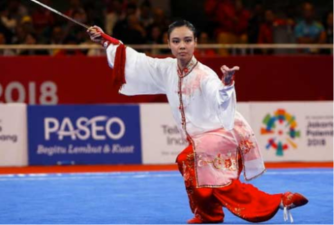 Lindswell Kwok saat tampil di laga Wushu Asian Games 2018.