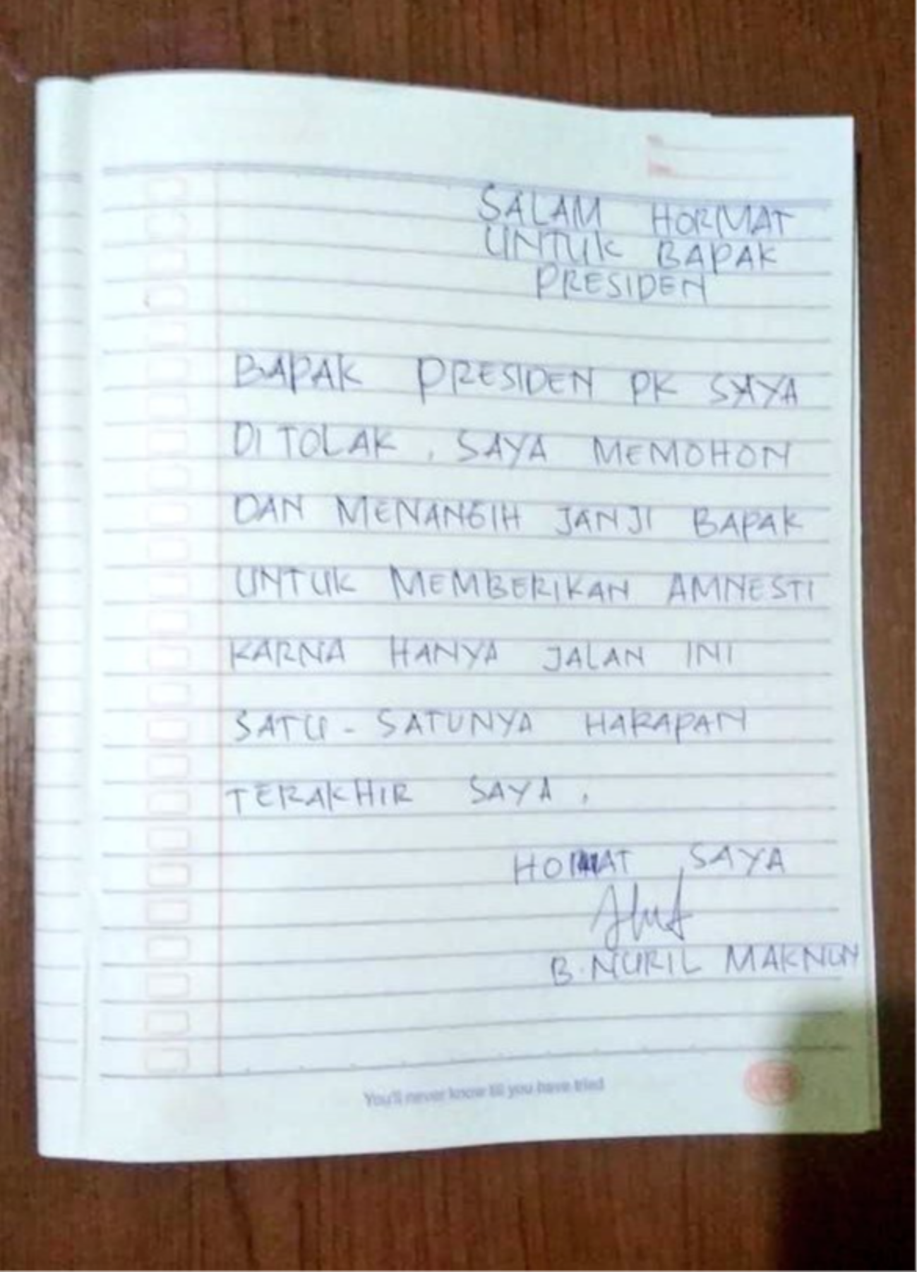 Tulisan tangan Baiq Nuril untuk Presiden Jokowi (Dok: Tim Kuasa hukum Baiq Nuril)