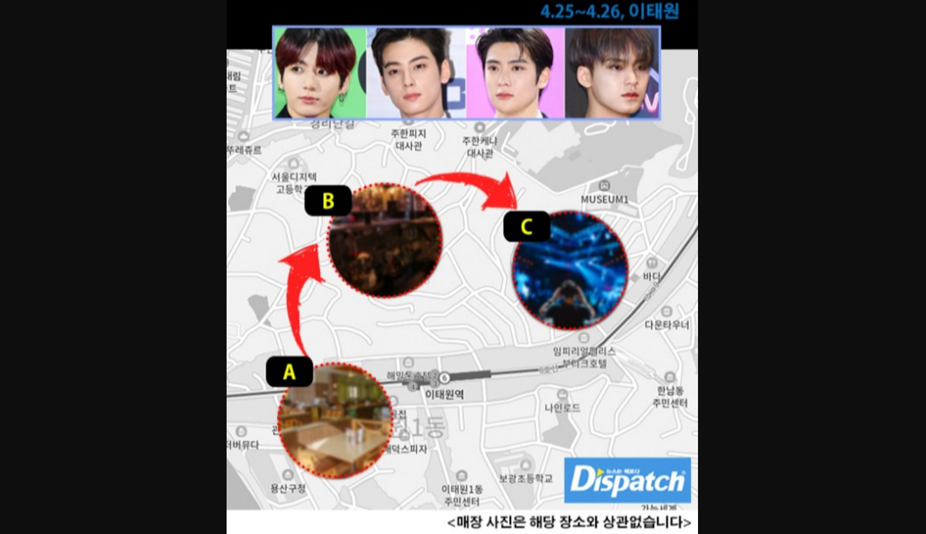 Jungkook BTS, Cha Eunwoo ASTRO, Jaehyun NCT, dan Mingyu Seventeen dugem. (Foto: Dispatch)