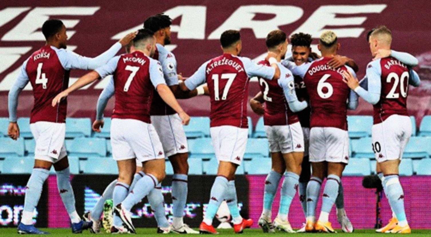 Ollie Watkins saat merayakan selebrasi bersama skuad Aston Villa. Liverpool dibantai 2-7 di markas Aston Villa, Villa Park, Senin 5 Oktober 2020 dini hari WIB. (Foto: Twitter @premierleague)