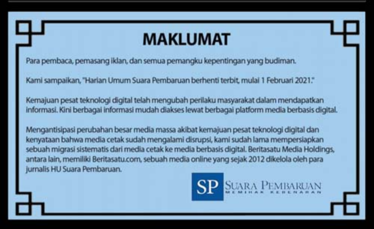 Maklumat pemberitahuan berhenti terbitnya Suara Pembaruan. (istimewa)