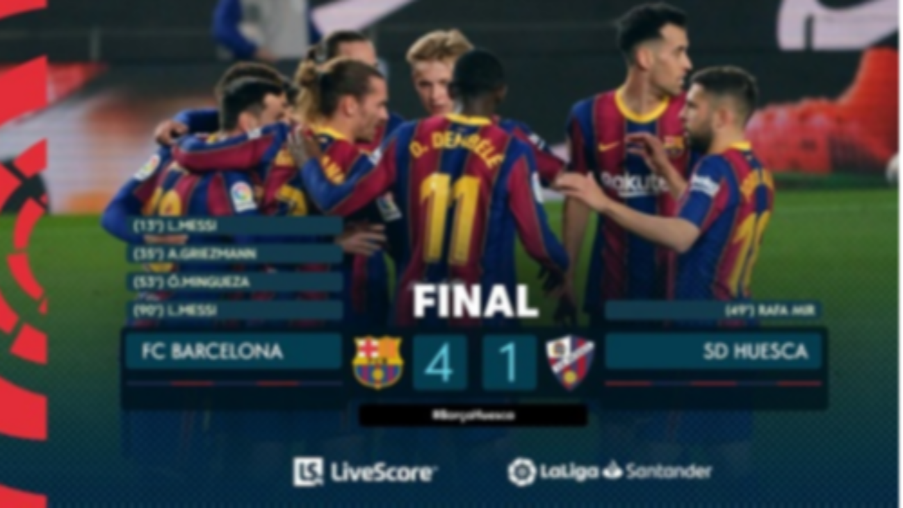 Barcelona melibas Huesca 4-1, Selasa 16 Maret 2021. (Foto: Twitter @LaLiga)