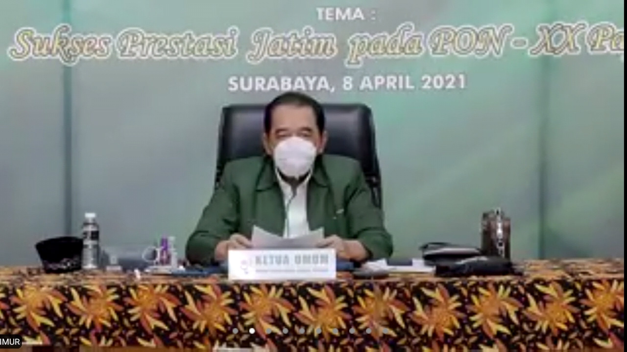 Ketua KONI Jatim, Erlangga Satriagung saat memimpin Rakerprov KONI Jatim I secara virtual, Kamis 8 April 2021.