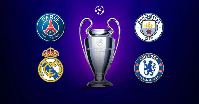 Empat klub yakni Paris Saint Germain (PSG), Chelsea, Real Madrid, dan Manchester City lolos ke babak semifinal Liga Champions 2020/2021. (Grafis: Twitter @ligachampions)