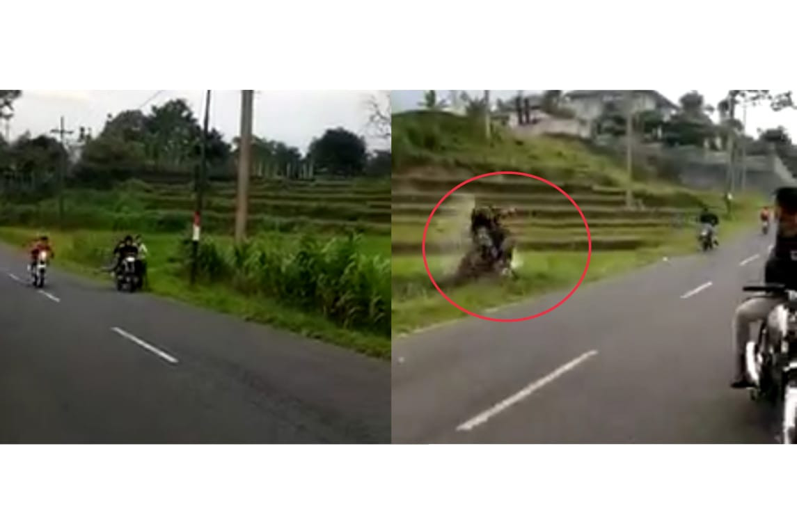 Balapan liar di Trawas yang salah satu pengendaranya terjungkal menjadi viral di media sosial. (Foto: Tangkapan layar)