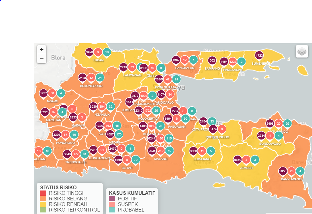 Terdapat 10 zona kuning di Jawa Timur. (Foto: tangkapan layar via Info Covid-19 Jawa Timur)