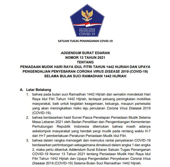 Addendum Surat Edaran Nomor 13 tahun 2021 tentang Peniadaan Mudik Hari Raya Idul Fitri 1442 Hijriyah dan Upaya Pengendalian Penyebaran Corona Virus Disease 2019 (Covid-19) Selama Bulan Suci Ramadhan 1442 Hijriyah. (Foto: Tangkapan layar)