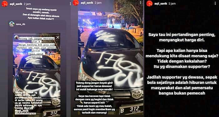 Mobil kakak kiper Persib Bandung, Aqil Savik jadi sasaran vandalisme oknum suporter yang ngamuk dan merusak kantor klub berjuluk Maung Bandung, Minggu 25 April 2021 malam. (Foto: Tangkapan layar IG)