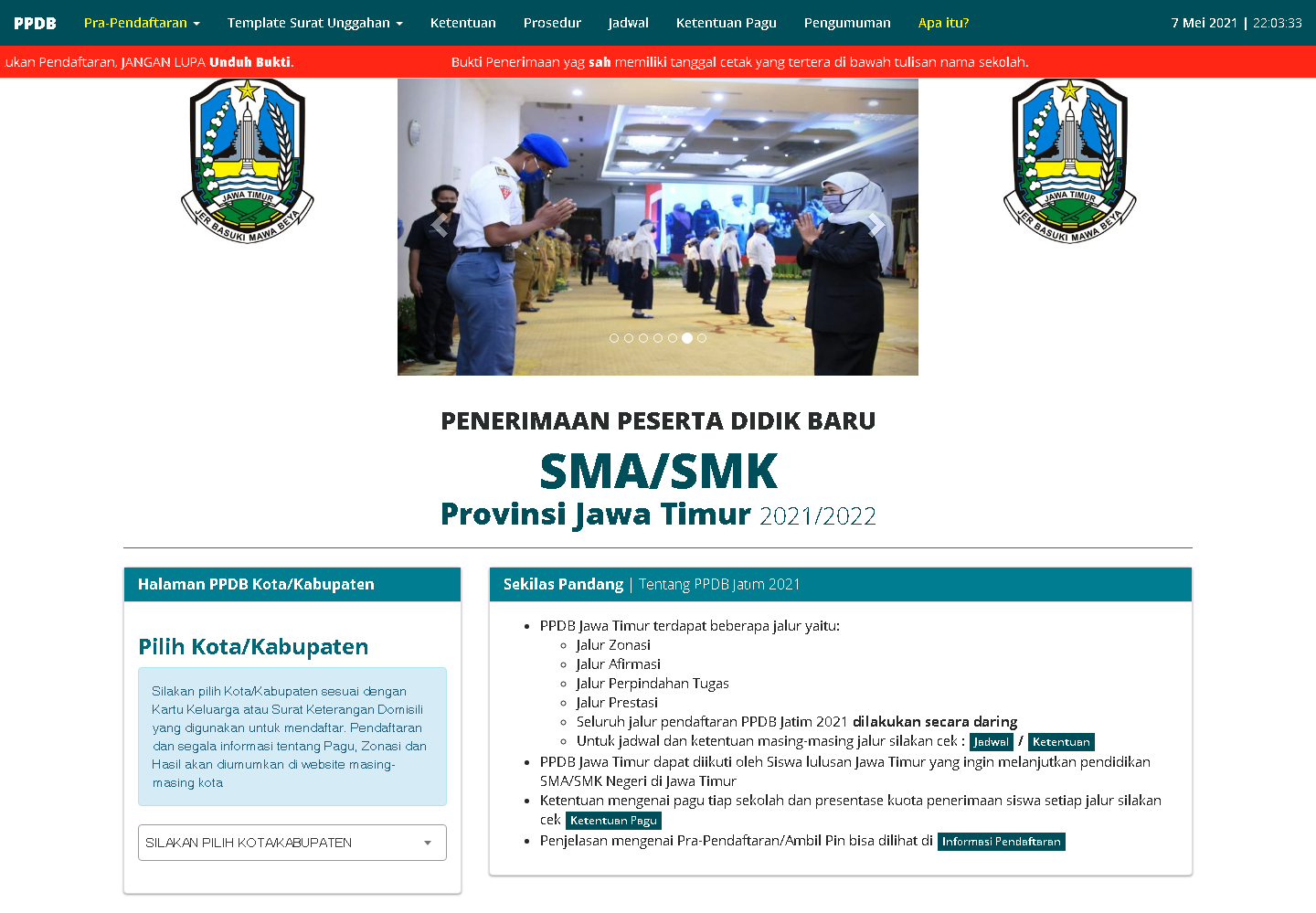 Laman ppdbjatim.net yang diakses calon peserta didik baru jenjang SMA-SMK negeri di Jawa Timur. (Foto: Istimewa)