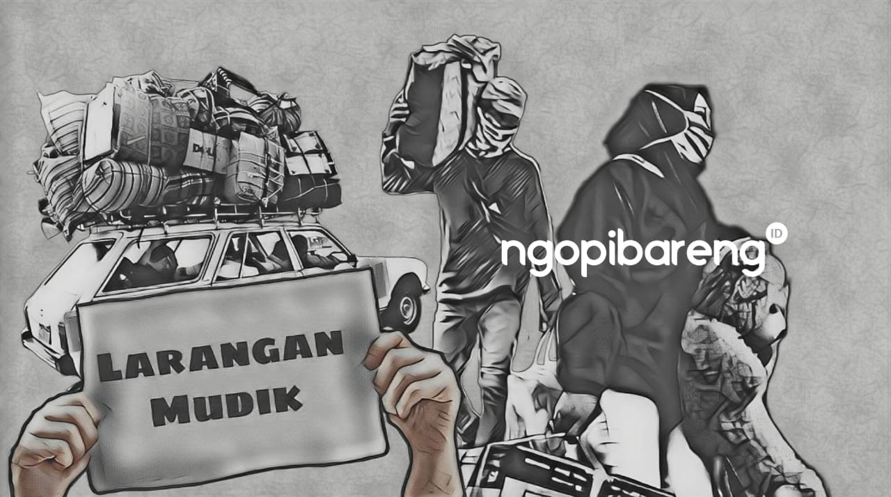 Ilustrasi larangan mudik lebaran 6-17 Mei 2021, tetapi sebagian warga nekat pulang kampung meski ada penyekatan. (Grafis: Fa Vidhi/Ngopibareng.)