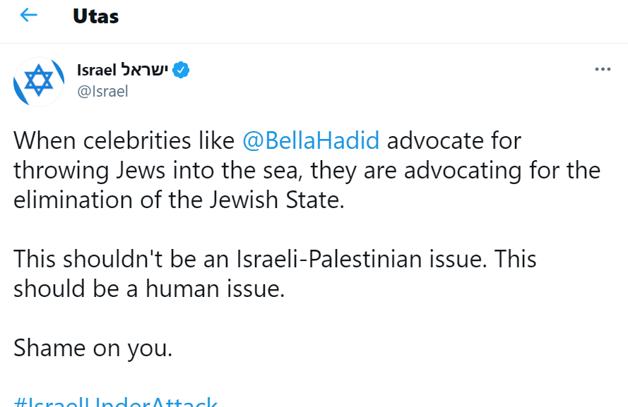 Cuitan Israel mengutuk Bella Hadid namun mengundang reaksi hujan kritik dari netizen di Twitter. (Foto: Twitter)