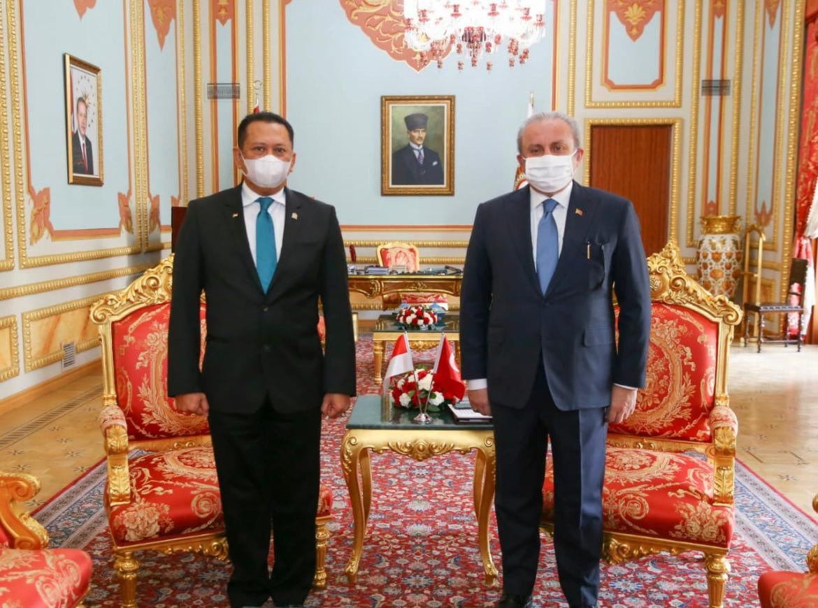 Ketua MPR RI Bambang Soesatyo bersama Ketua Parlemen Turki H.E. Mr. Mustafa Sentop desak PBB hentikan agresi militer Israel di Palestina. (Foto: Dok. MPR RI)