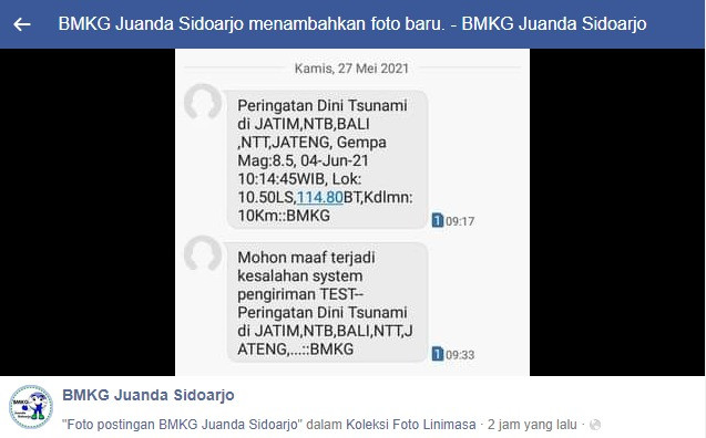 Heboh peringatan dini Tsunami dan gempa 8,5 SR beredar di medsos dari KominfoBMKG. (Foto: Tangkapan layar twitter)