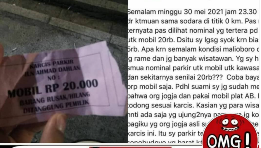 Tangkapan layar karcis di Malioboro yang harganya Rp 20 ribu (Foto: Instagram @omg.indonesia.id)