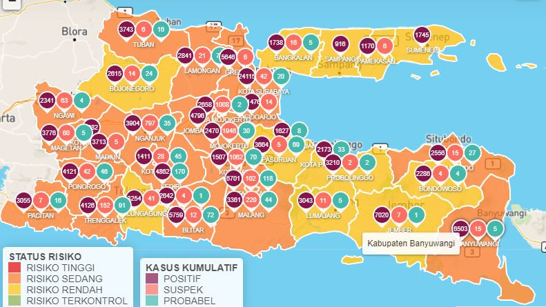 Peta sebaran Covid-19 di Jatim. (Foto: Satgas Covid-19)