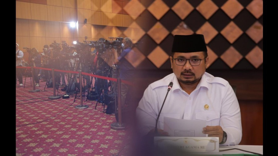 Menteri Agama Yaqut Cholil Qoumas saat mengumumkan pembatalan pelaksanaan ibadah haji 2021. (Foto: kemenag)