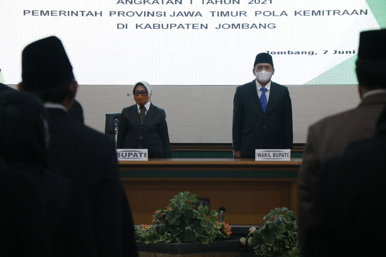 Penutupan Pelatihan Kepemimpinan Administrator Angkatan I Tahun 2021 Provinsi Jawa Timur Pola Kemitraan yang dilaksanakan diruang Bung Tomo Kantor Pemkab Jombang, Senin (7/6/2021) pagi. (Foto: Istimewa)