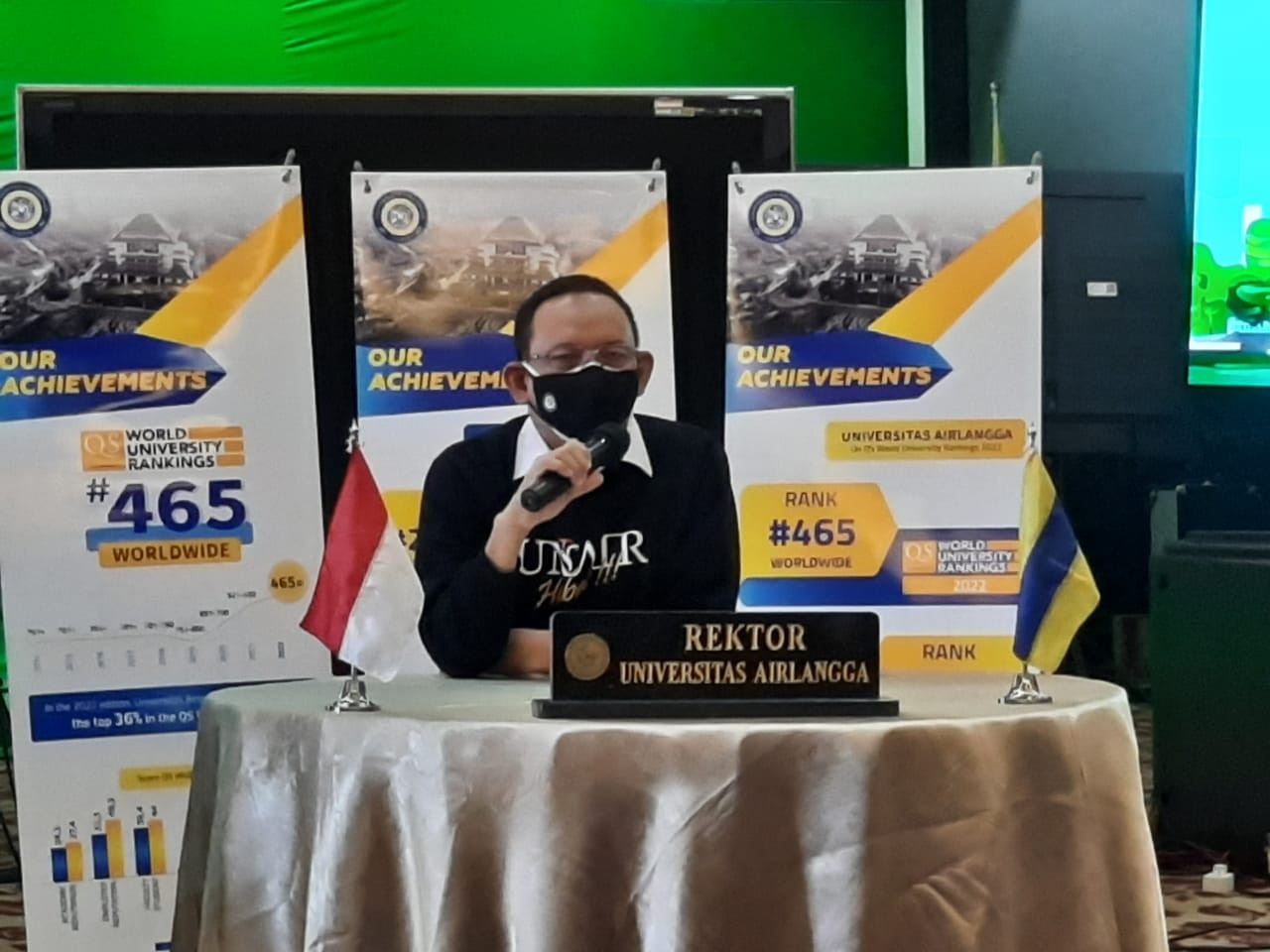 Rektor Unair, Prof. Dr Mohammad Nasih saat menyampaian berita gembira peringkat Unair yang mencapai 465 peringkat dunia. (Foto: Pita Sari/Ngopibareng.id)