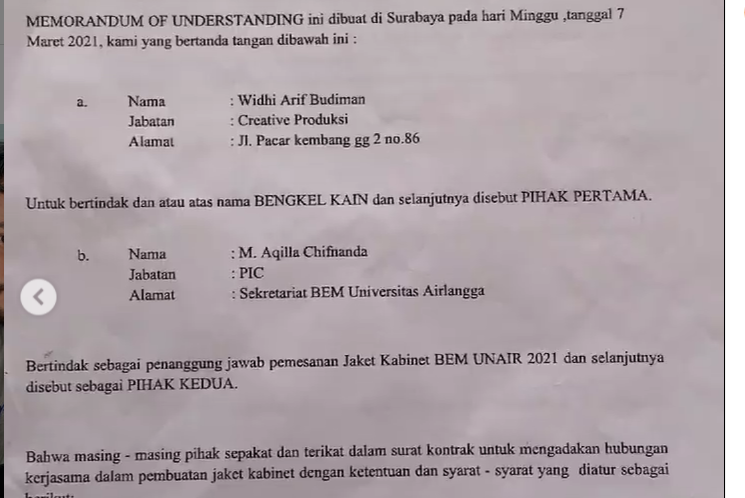 Dugaan penggelapan jaket BEM Unair menyebabkan akun Instagram BEM Unair diserbu netizen. Dokumen yang disebut MoU pembuatan jaket BEM Unair. (Foto: tangkapan layar Instagram)