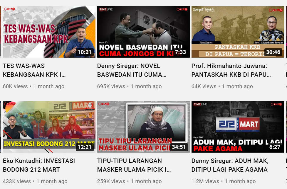 Tangkapan layar konten yang diproduksi Cokro TV. (Foto: YouTube)