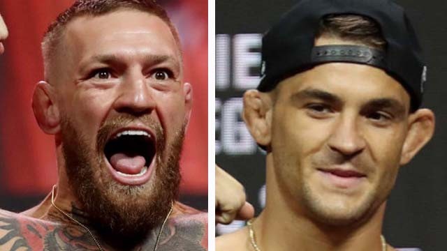 Conor McGregor (kiri) dan Dustin Poirier usai timbang badan hari ini. Besok keduanya bertarung untuk ketiga kalinya, di Las Vegas, AS. (Foto:Reuters)