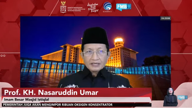 Prof. Nasaruddin Umar, Imam Besar Masjid Istiqlal saat dialog yang diadakan Komite Penanganan Covid-19 dan Pemulihan Ekonomi Nasional (KPCPEN), Rabu 14 Juli 2021.