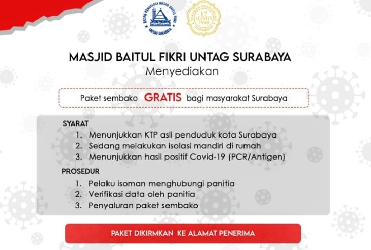 Bantuan makanan untuk warga yang sedang jalani isolasi mandiri dari Masjid Baitul Fikri Untag Surabaya. (Foto: Istimewa)