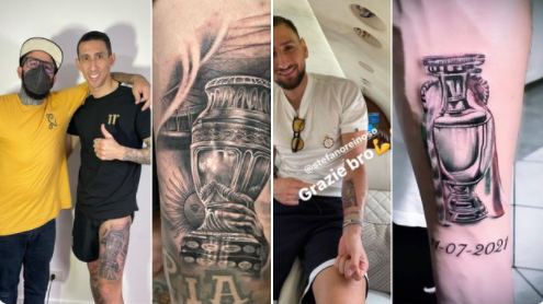 Sesama pemain Paris Saint-German (PSG), Angel Di Maria dan Gianluigi Donnarumma buat tato trofi Euro 2020. Keduanya menjadi pahlawan bagi timnas Argentina dan Italia. (Foto: Instagram)