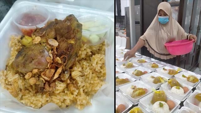 Seorang staf sedang menata makanan untuk segera dikirimkan ke pasien isoman. (kanan). Nasi kebuli plus daging. (Foto:Istimewa)