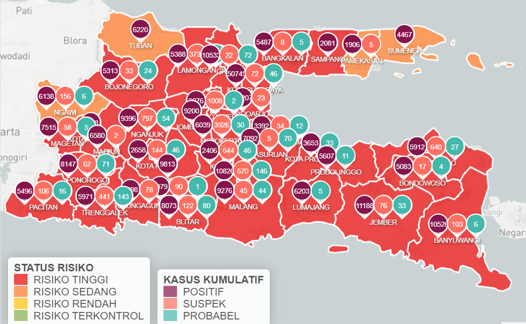 47.791 kasus Covid-19 baru, dilaporkan Indonesia per Kamis 29 Juli 2021. Jatim melaporkan 5.505 kasus, dengan terbanyak di Surabaya. (Foto: Infocovid-19Jatim)