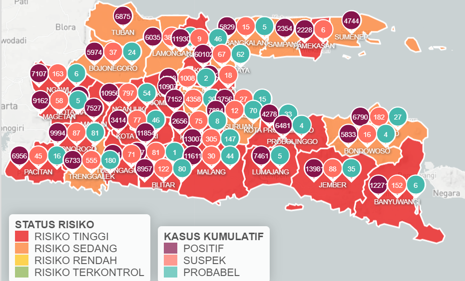 Jawa Timur melaporkan 3,161 kasus baru Covid-19 per Kamis, 12 Agustsu 2021. Surabaya dan 14 wilayah lain masuk zona oranye. (Foto: Infocovid-19 Jatim)