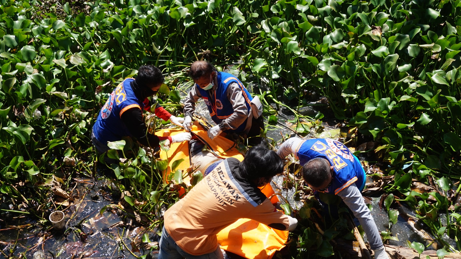 Relawan mengevakuasi jasad korban di sungai Avour.(Deni Lukmantara/Ngopibareng)