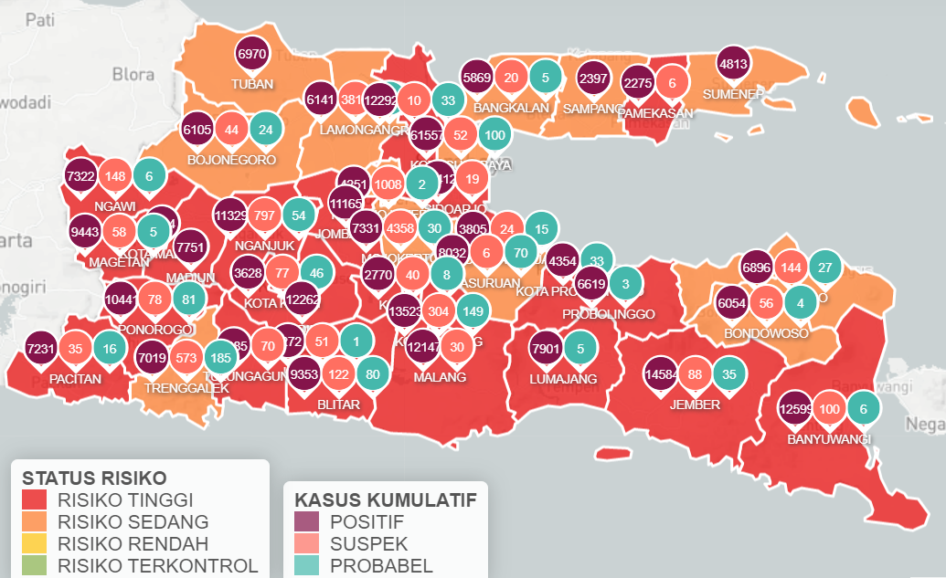 Jawa Timur melaporkan kasus baru Covid-19 sebanyak 1.559, per Senin 16 Agustus 2021. Sebanyak 3.782 pasien sembuh, dan ada 24 wilayah zona merah. (Foto: info covid-19 Jawa timur)