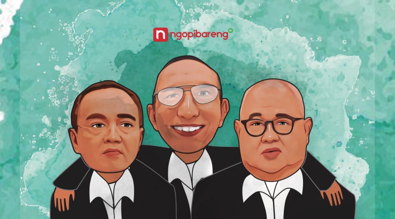 Ilustrasi Godfather sepakbola, yakni Bang Moh, Haji Santo, dan Andi Darussalam Tabulas. (Grafis: Fa Vidhi/Ngopibareng.id)