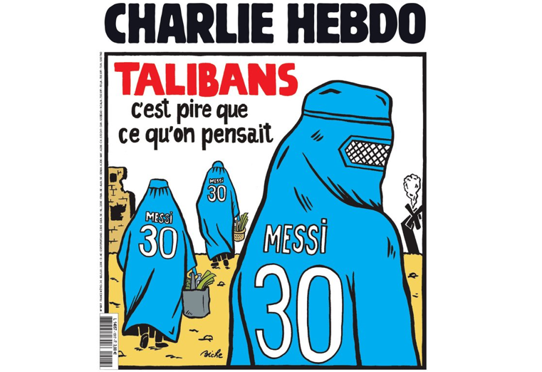 Majalah Charlie Hebdo menggambar karikatur tentang Taliban, burka, dan Lionel Messi. (Foto: Twitter)