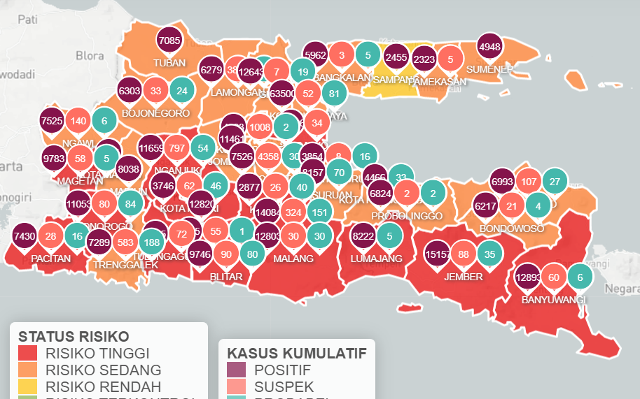 Jawa Timur melaporkan kasus baru Covid-19 sebanyak 2.042 per Sabtu, 21 Agustus 2021. Surabaya melaporkan kasus dan pasien sembuh harian terbanyak. (Foto: Info Covid-19 Jatim)