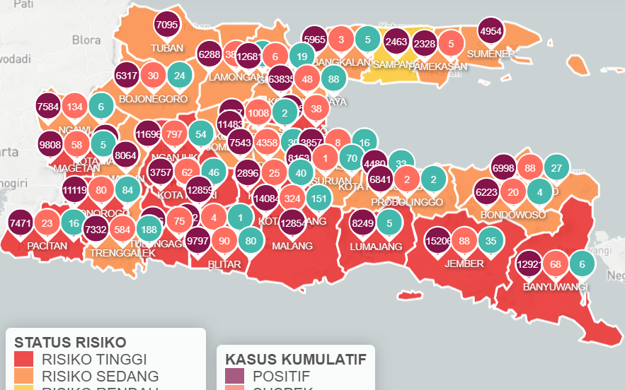 Jawa Timur melaporkan kasus baru Covid-19 sebanyak 1.257 per Minggu, 22 Agustus 2021. Sebanyak 2.638 pasien sembuh, dan 196 orang meninggal.