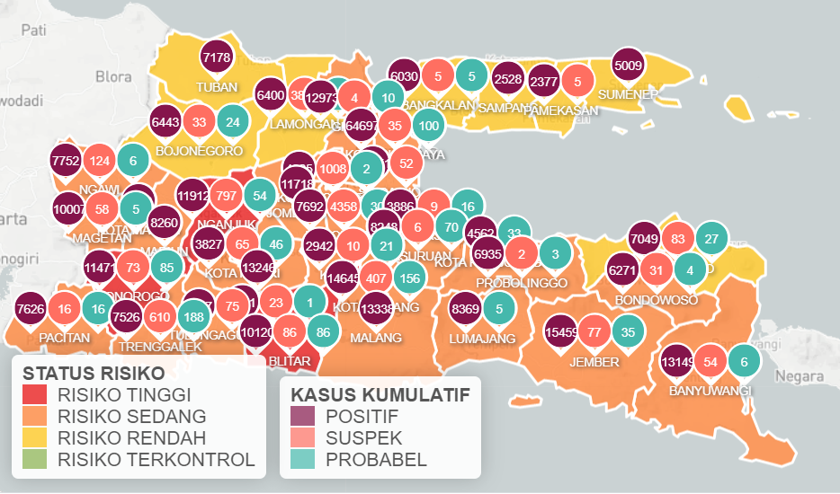 Jawa Timur melaporkan kasus baru sebanyak 1.402 per Jumat 27 Agustus 2021. 9 wilayah masuk zona kuning. (Foto: Info Covid-19 Jawa Timur)