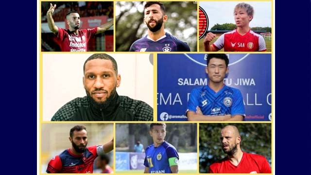 Diantara pemain asing baru di BRI Liga I. Atas dari kiri: Brwa Hekmat Nouri (Bali United), Ibrahim Bahsoum (Persik), Shori Murata (Persiraja). Tengah: Moh Alie Sesay (Persebaya), Rhensi Yamaguchi (Arema FC). Bawah: Sergio Silva (Arema, masih tertahan), Farkhat Musabekov (Persib), dan Anton Jansen (PSM). (Foto-foto: Istimewa)