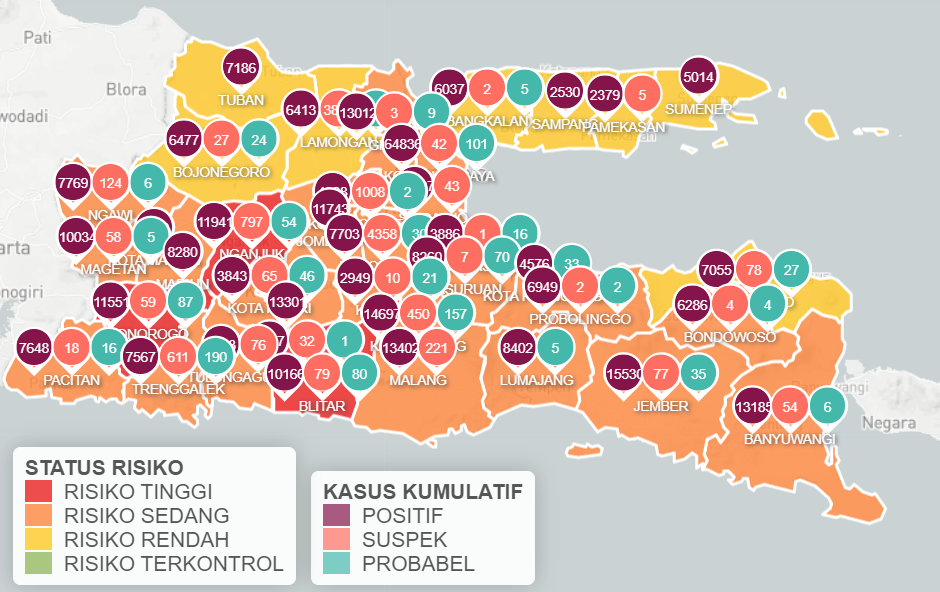 Jawa Timur melaporkan kasus baru sebanyak 1.072 per Sabtu, 28 Agustus 2021. Hanya terdapat empat wilayah masuk zona merah. (Foto: tangkapan layar)