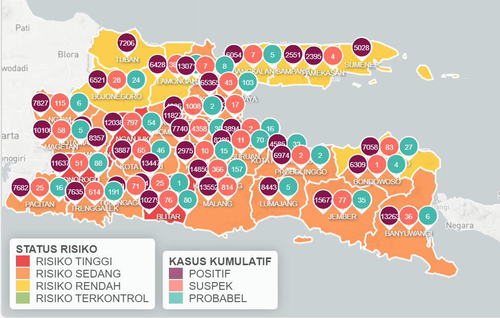 Jawa Timur melaporkan kasus baru Covid-19 sebanyak 1.303 per Selasa 31 Agustus 2021. Surabaya masuk zona oranye. (Foto: Info Covid-19 Jatim)