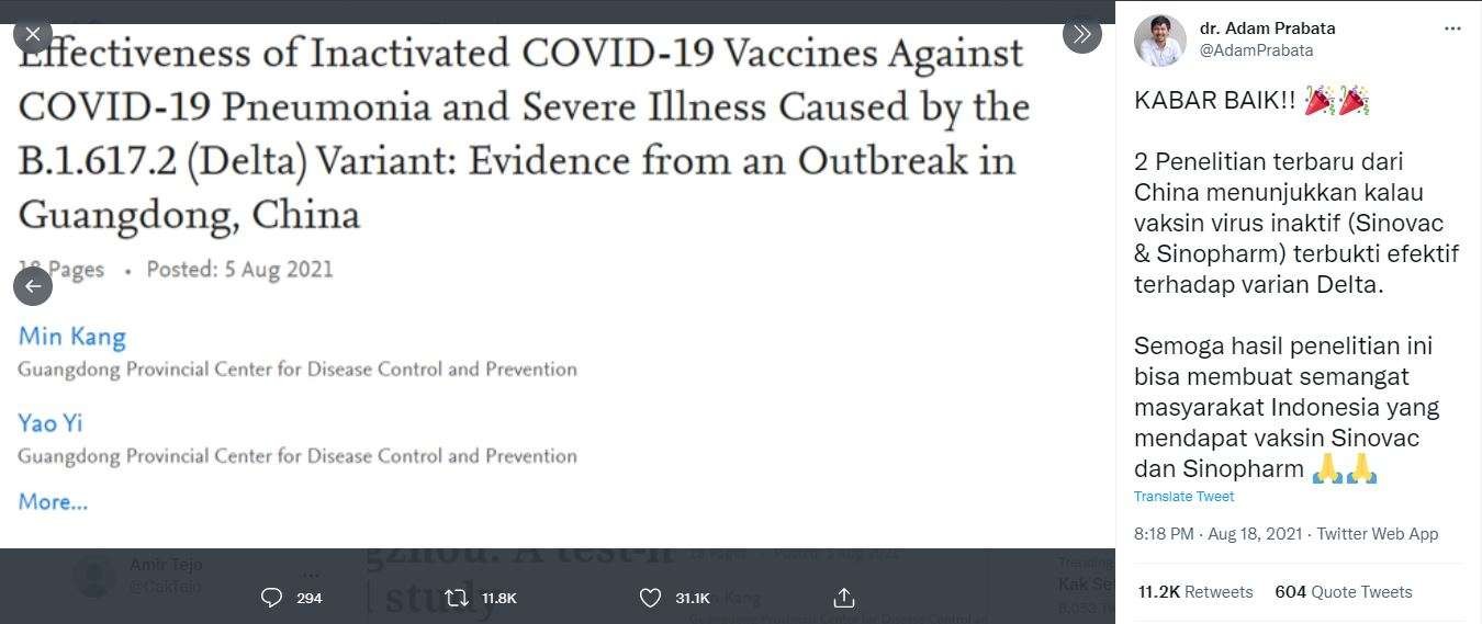 Tangkapan layar Twitter Dokter Adam Prabrata soal hasil peneltiian vaksin Sinovac.