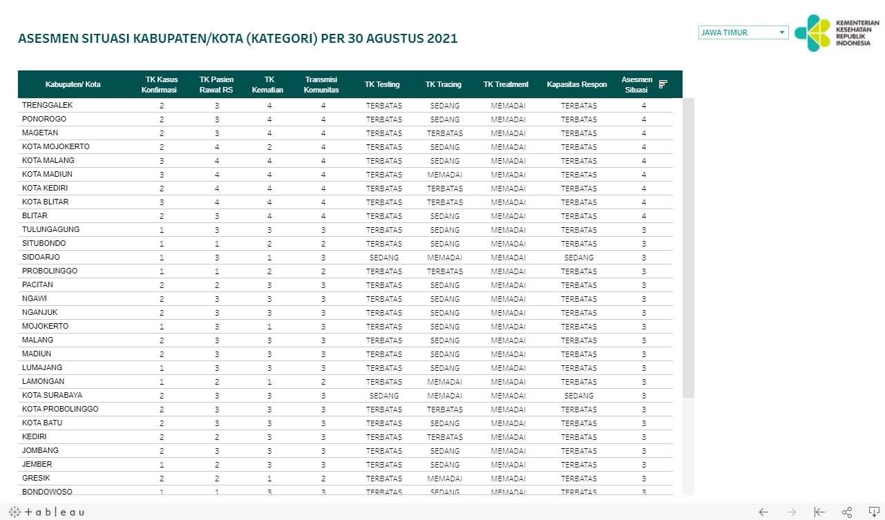 Daftar hasil asesmen situasi yang dilakukan Kemenkes RI untuk wilayah Jawa Timur. (Foto: Tangkapan Layar)