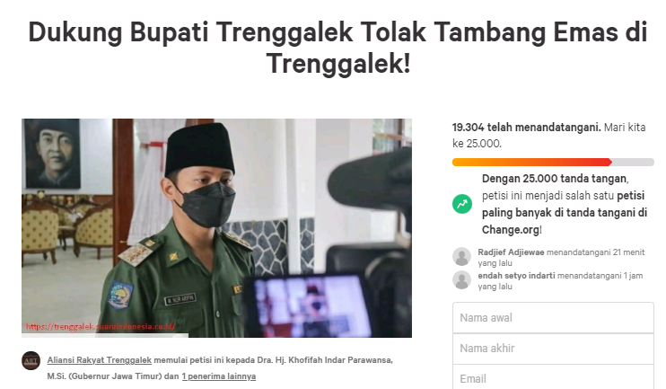 Petisi dukungan untuk menolak tambang emas di Trenggalek tembus 19 ribu kali ditandatangani. Walhi mempertanyakan sikap dari Gubernur Jatim. (Foto: tangkapan layar)