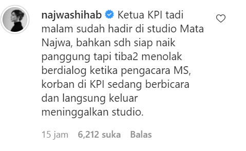 Najwa Shihab menulis jika Ketua KPI Agung Suprio urung naik panggung dalam talkshow terkait kekerasan seksual dan perundungan di KPI. (Foto: tangkapan layar Instagram)