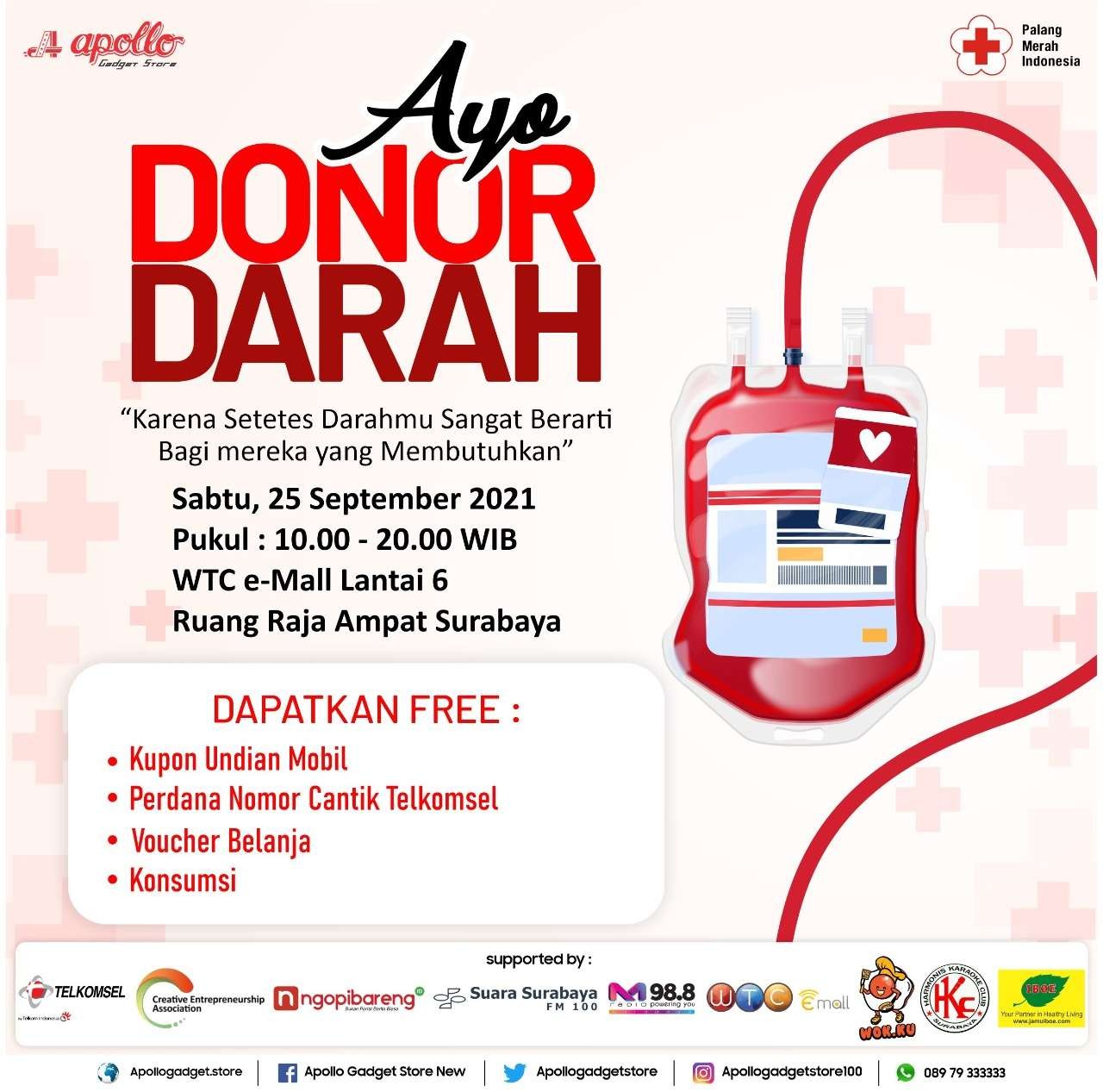 Ayo Donor Darah bersama Apollo Gadget Store, Sabtu 25 September 2021. (Grafis: Istimewa)