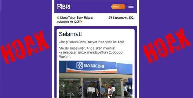 Beredar informasi BRI bagi-bagi hadiah masing-masing Rp 2 juta untuk nasabahnya yang dikirimi pesan. Info ini disebut BRI sebagai palsu alias hoax. (Ngopibareng)